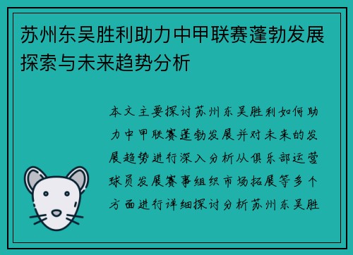 苏州东吴胜利助力中甲联赛蓬勃发展探索与未来趋势分析 苏州东吴胜利助力中甲联赛蓬勃发展探索与未来趋势分析